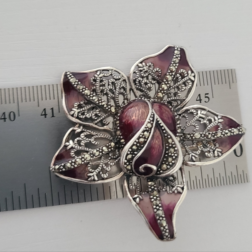 Vintage Boho Sterling Silver Marcasite Crystal Enamel Orchid Flower Brooch Pin - Picture 8 of 9